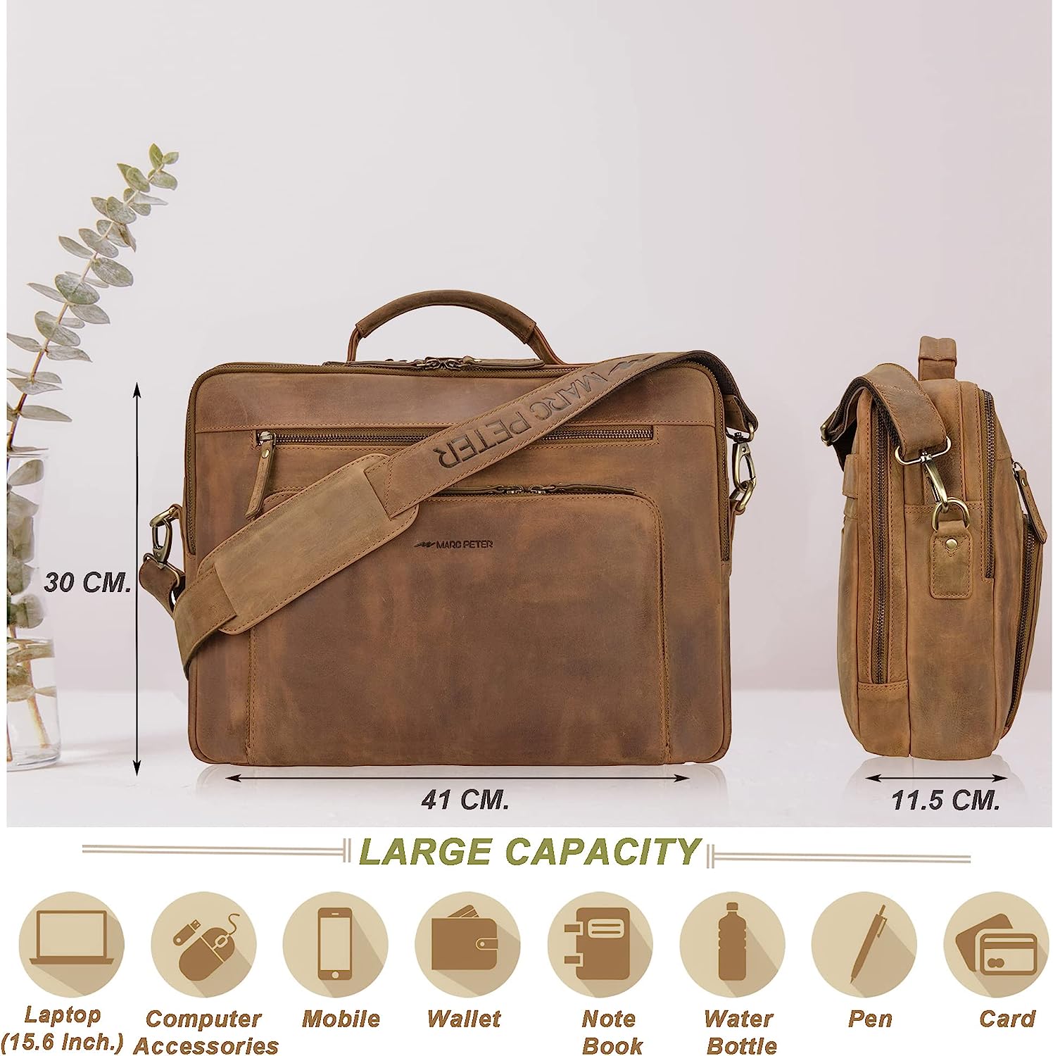 Marc Peter Auckland Real Leather Laptop Bag | Shoulder Bag for 15.6 inch Laptop | Briefcase for Notebook - Image 2